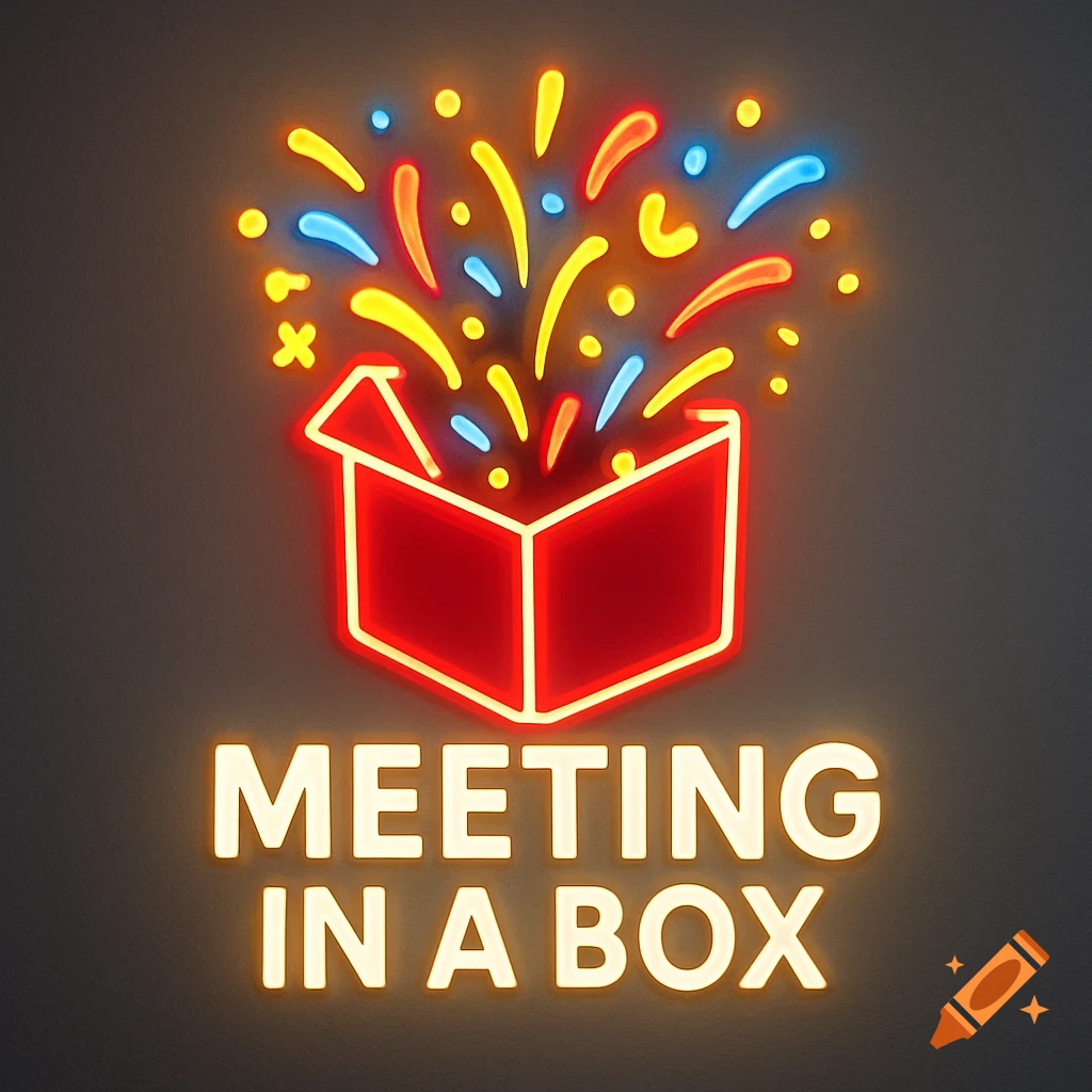 A neon sign logo featuring a red open box with colorful confetti bursting out, and the words "MEETING IN A BOX" below it.