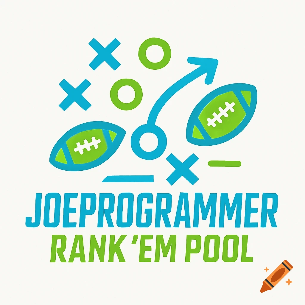 Logo for a football confidence pool with two green footballs, blue play diagram, and text 'JOEPROGRAMMER RANK 'EM POOL'.