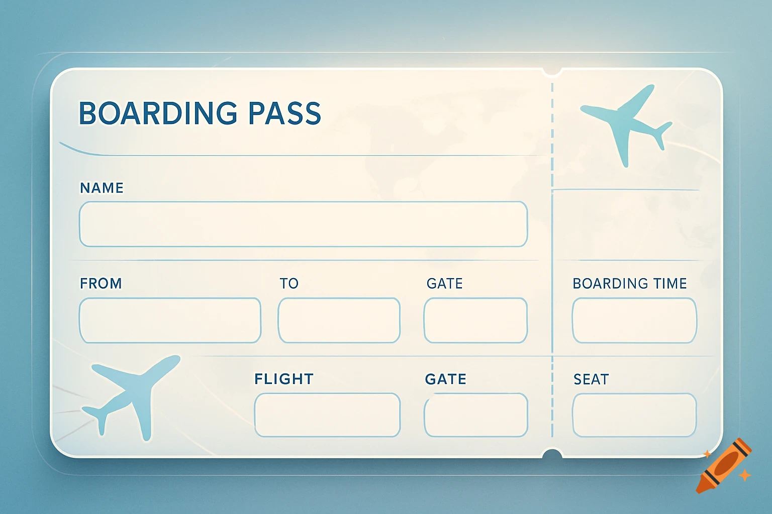 An empty template of an airport boarding pass with blue text labels and airplane icons, set against a light blue background.
