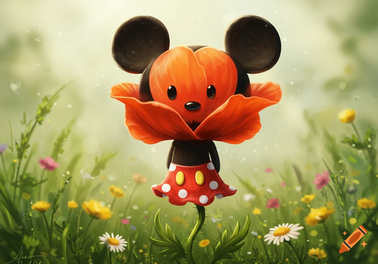 A cute cartoon character resembling Minnie Mouse with a red poppy flower head and a polka-dot skirt stands in a vibrant green meadow.