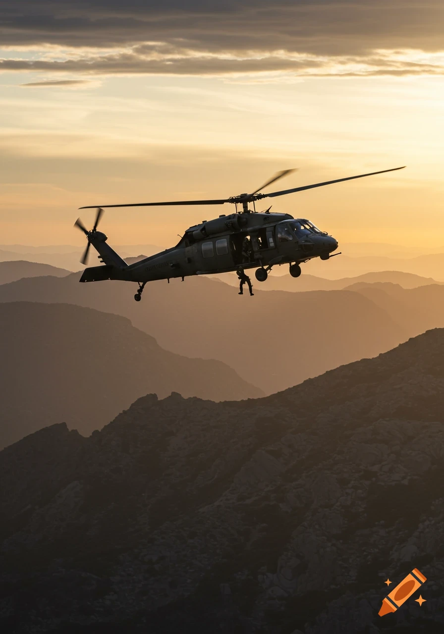 A military helicopter flies over silhouetted mountains at sunset, with a person rappelling from the open door.