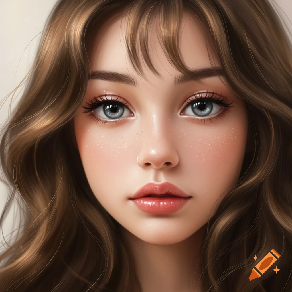 Close-up digital art portrait of a young woman with long brown hair, blue eyes, and freckles.