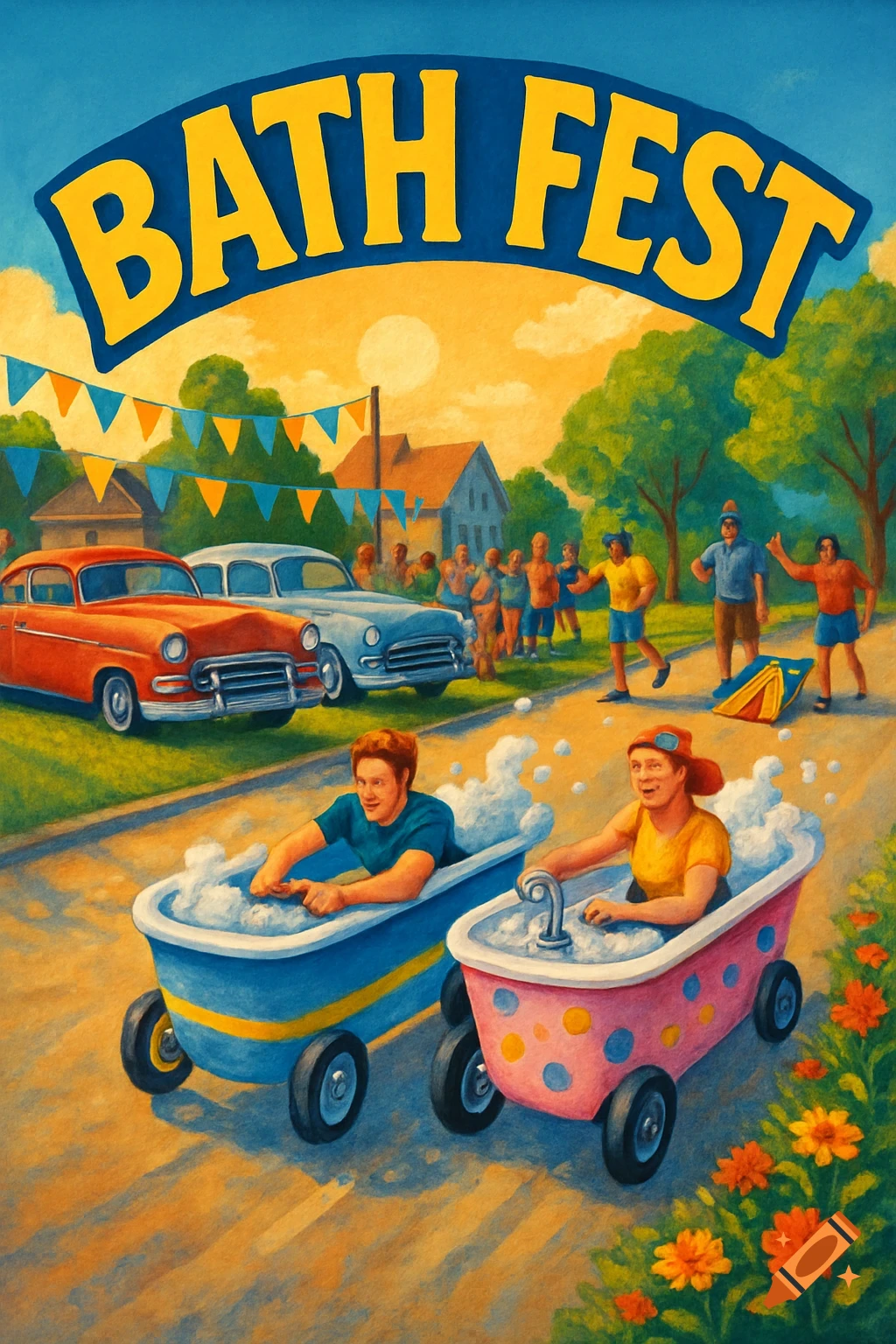 Vibrant retro illustration of a 'BATH FEST' street festival with people racing in bathtubs on wheels, classic cars, and a crowd watching.