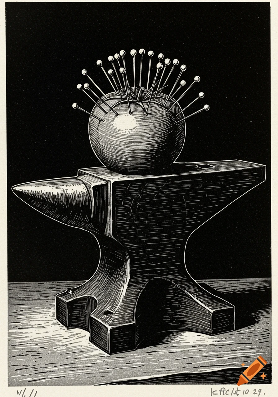 A black and white woodblock print showing a spherical pincushion full of pins resting on top of an anvil.