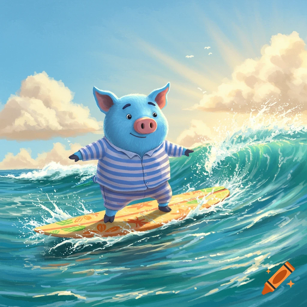 A cute blue pig in striped pajamas surfs a large wave in a vibrant cartoon illustration under a sunny sky.