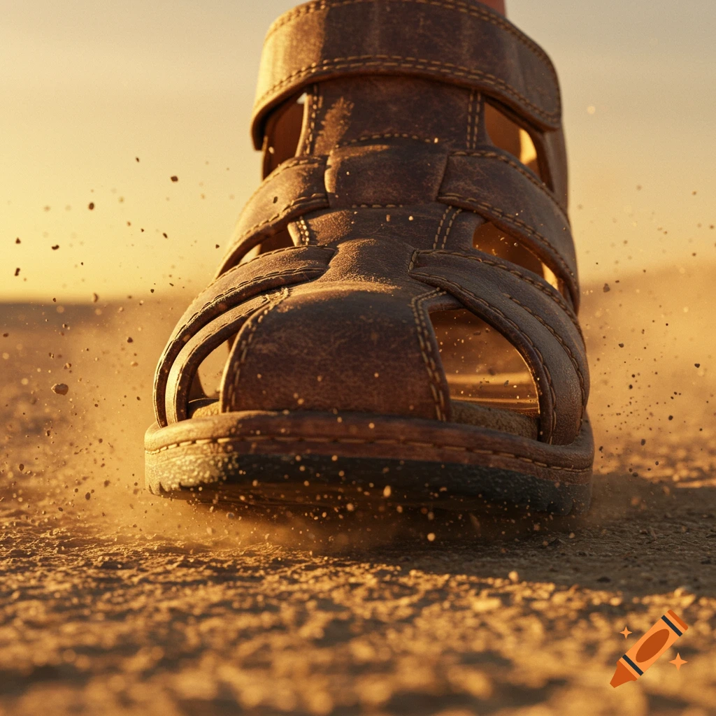 A low-angle, close-up view of a brown leather sandal stirring up dust on a sandy ground at sunset.
