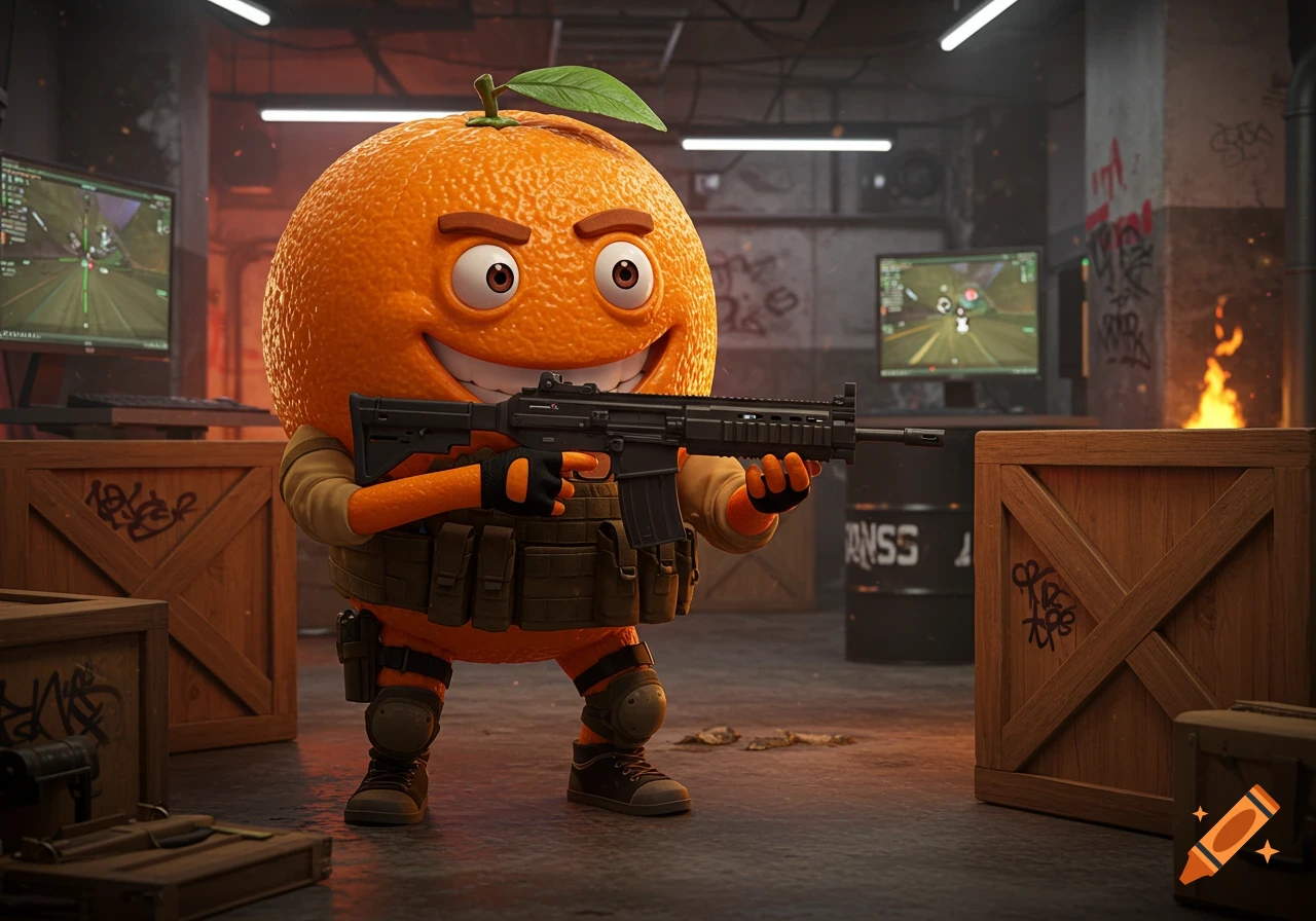 A smiling cartoon orange character wearing tactical gear, holding a rifle in a game-like combat environment with crates and screens.