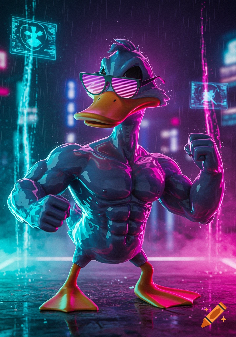 A muscular cartoon duck wearing pink sunglasses stands in a rainy cyberpunk city under neon magenta and cyan lights.