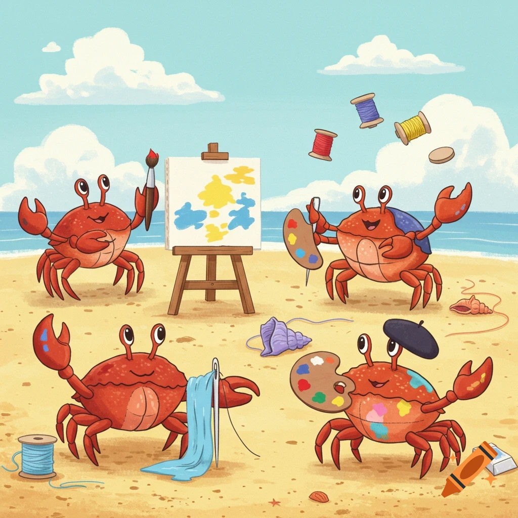 Cartoon crabs painting and sewing on a sunny beach with an easel, paint palettes, and spools of thread.