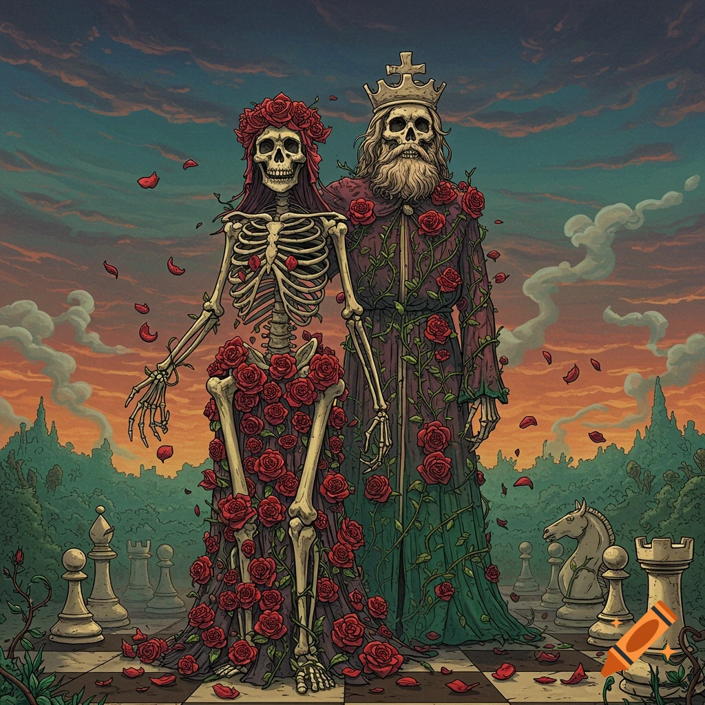 Two skeletal figures, a king and queen, covered in red roses, stand on a chessboard with chess pieces, in a Grateful Dead-inspired art style.