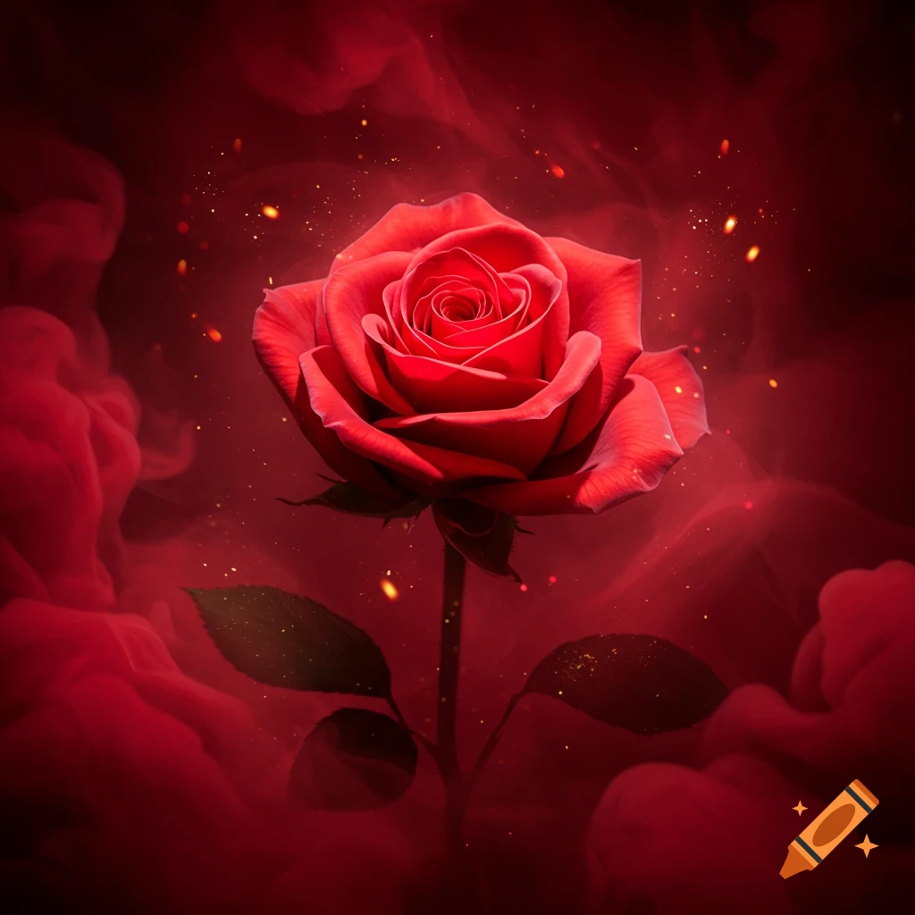 A vibrant red rose with green leaves on a dark red smoky background with golden sparks.
