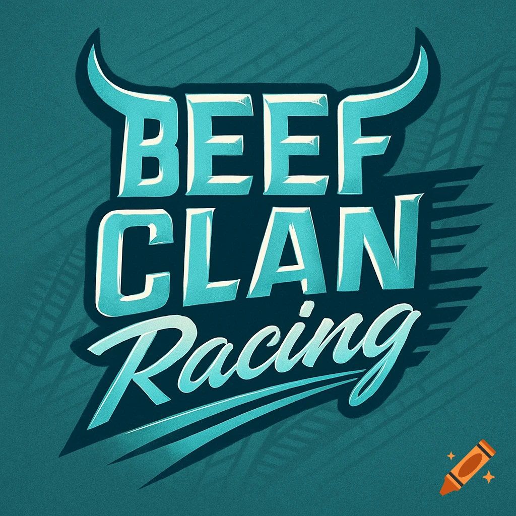 Logo with blue bull horns above 'BEEF CLAN' and 'Racing' text on a teal background with a retro design.