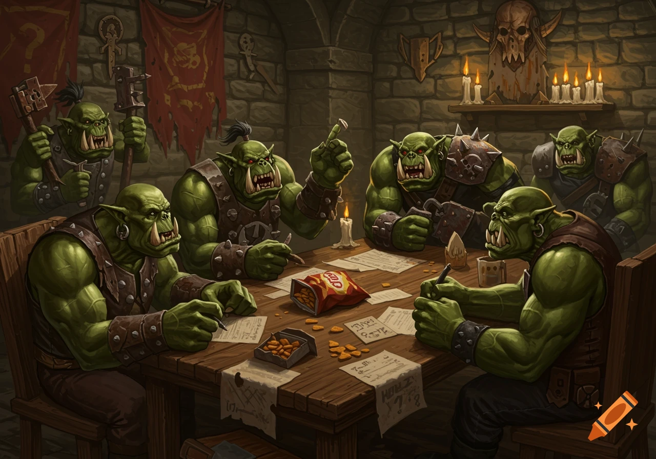 Fantasy illustration of green-skinned orcs gathered around a wooden table, writing on papers during a quiz.