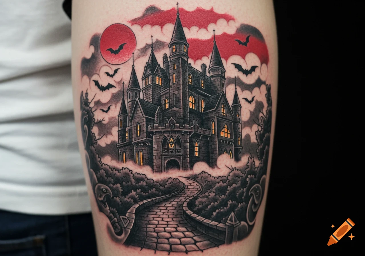 A detailed tattoo on skin depicting a gothic castle under a red moon with bats flying, and a winding path leading to it.