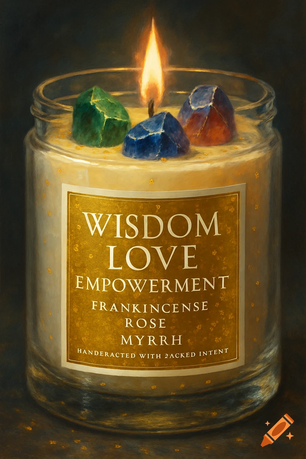 Close-up of a lit candle in a glass jar, adorned with green, blue, and red faceted crystals, and a label with text.