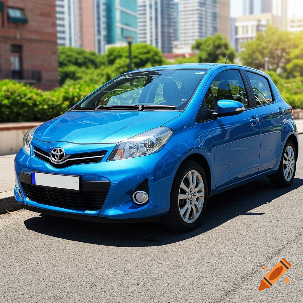A vibrant blue Toyota Yaris hatchback is parked on a paved street, with city buildings and lush green trees in the background under sunlight.