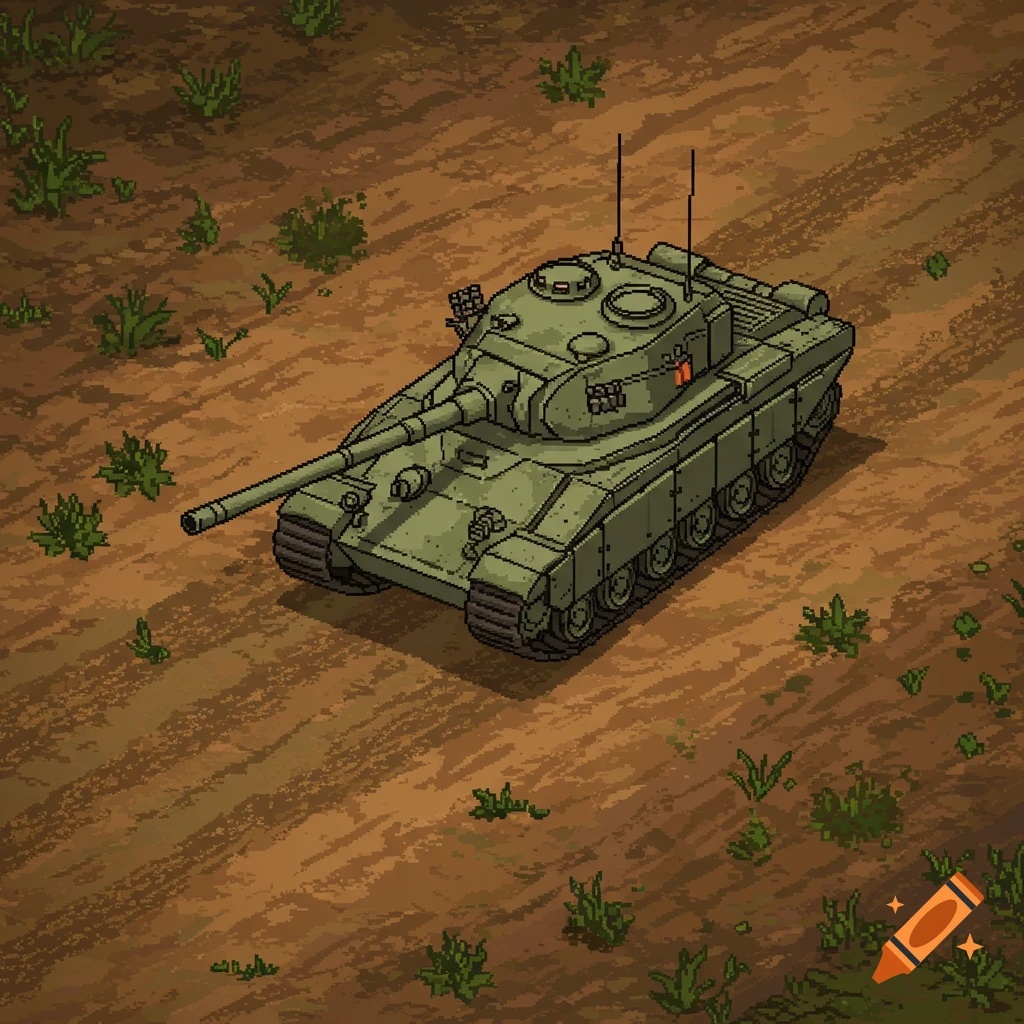 A top-down pixel art view of a green military tank on a dirt battlefield with scattered plants.