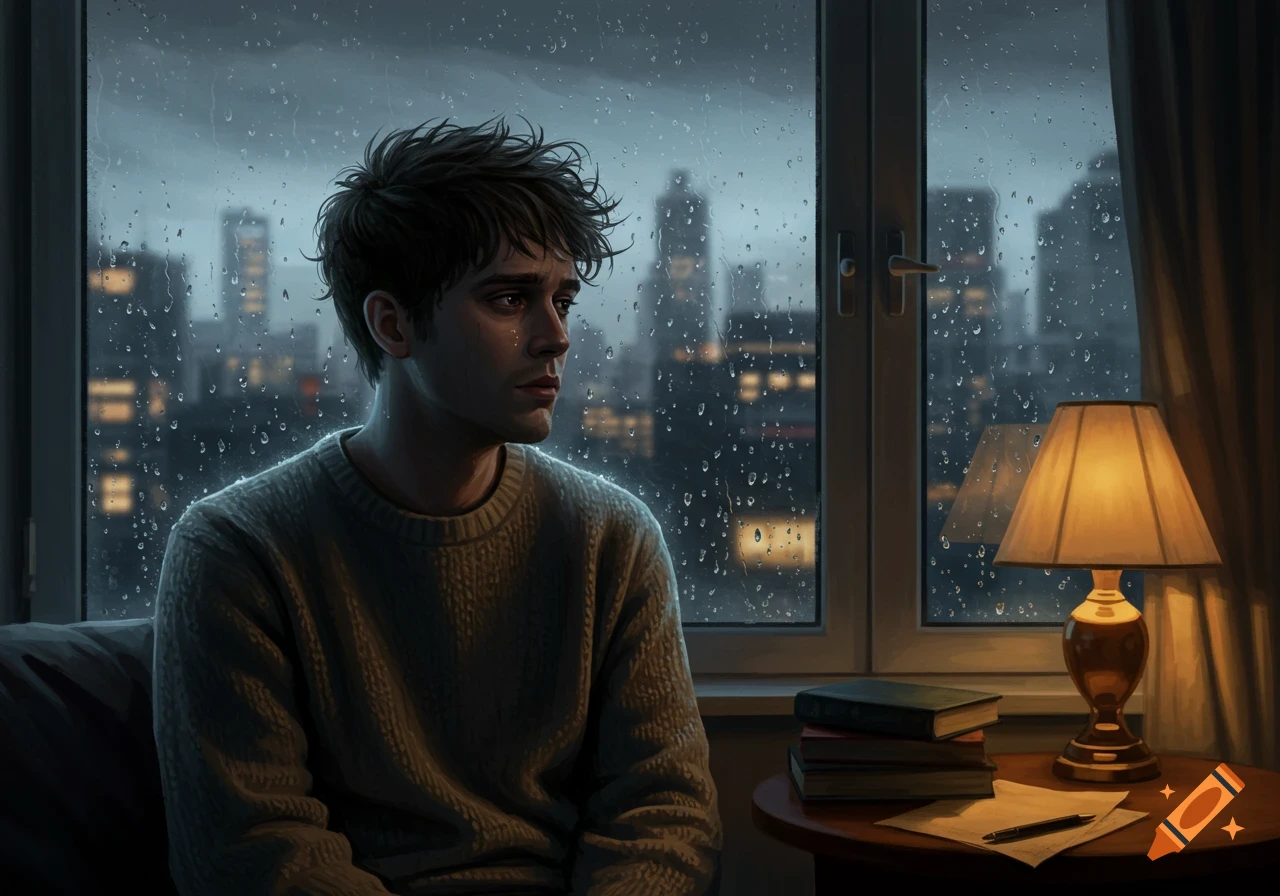 A sad man looking out a window at a rainy city skyline at night, with a lamp and books on a table nearby.