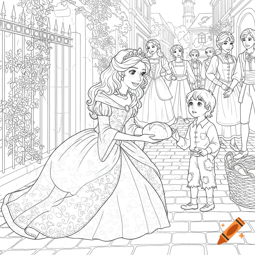 A princess gives bread to a poor boy in a village street. Line art for a coloring page.