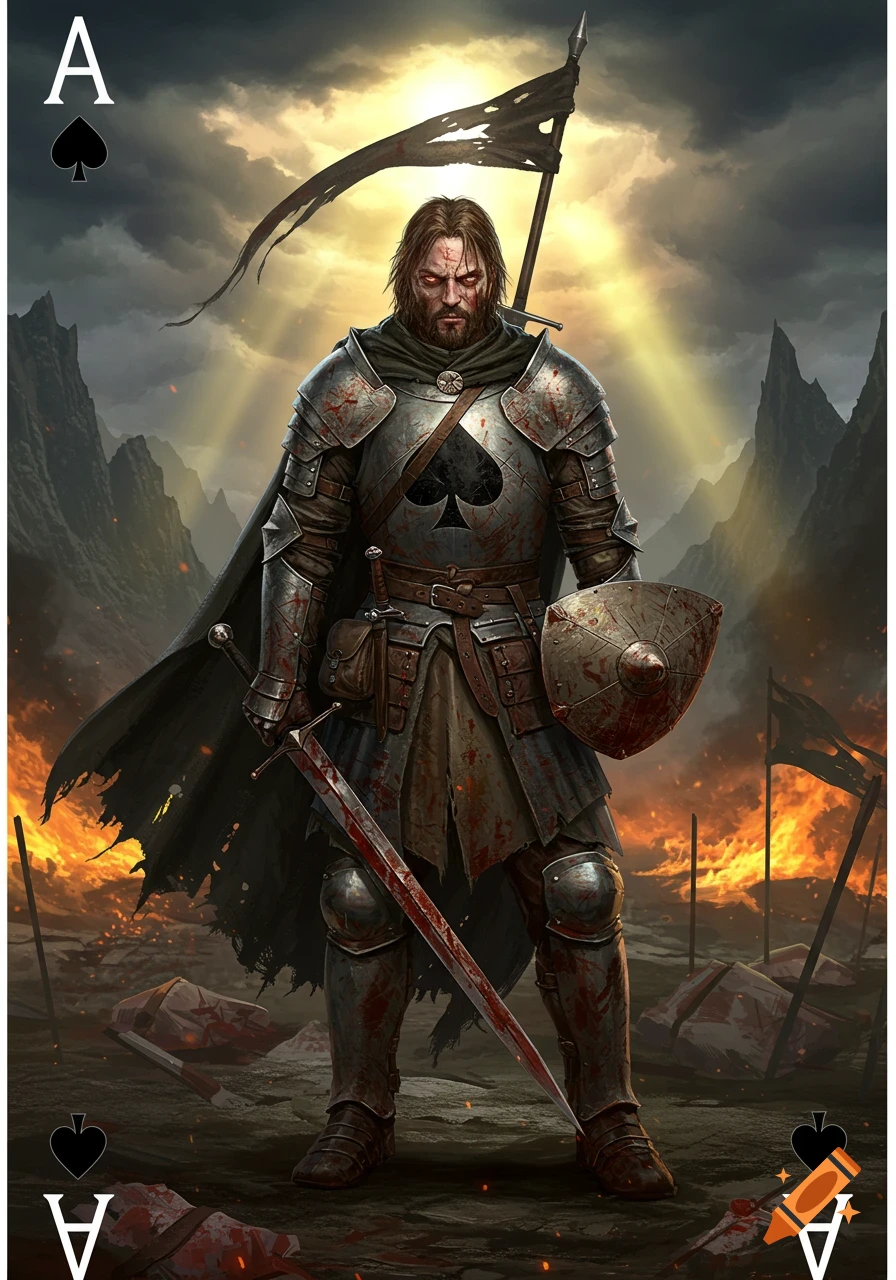 A fantasy warrior, embodying the Ace of Spades, stands in bloodied armor on a fiery battlefield at dawn, holding a sword and shield.