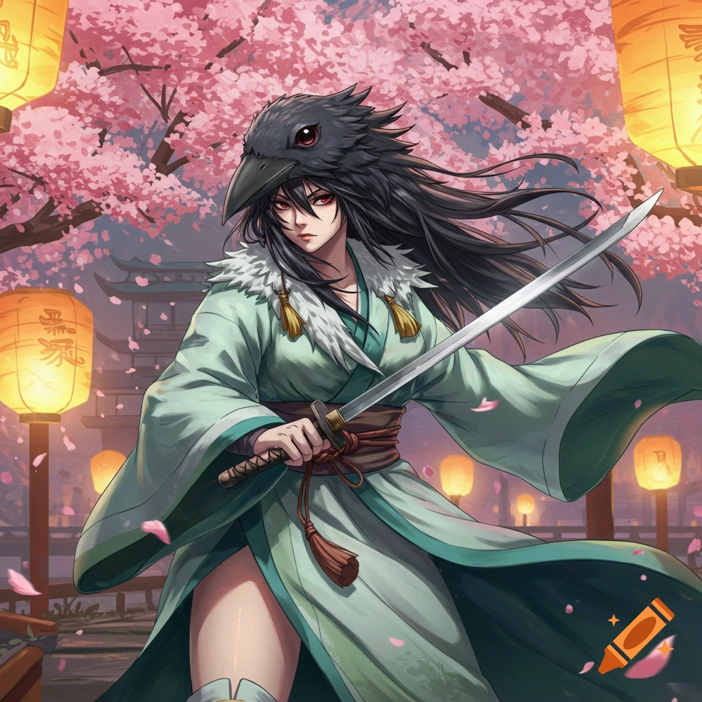 An anime-style woman with a crow mask and a sword stands under cherry blossoms with lanterns.