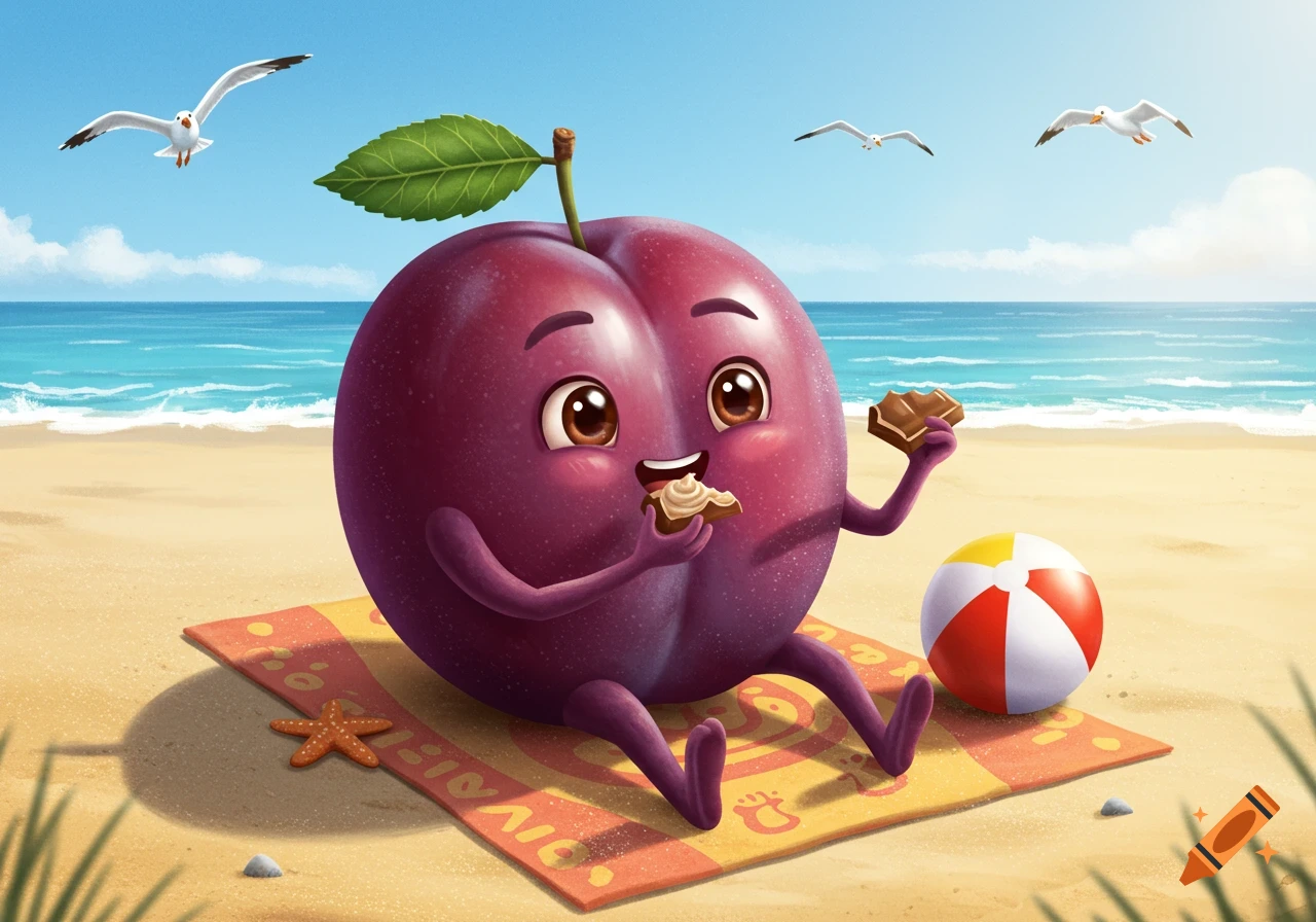 A cute cartoon plum character sits on a colorful towel at the beach, eating a piece of chocolate. Seagulls fly overhead.