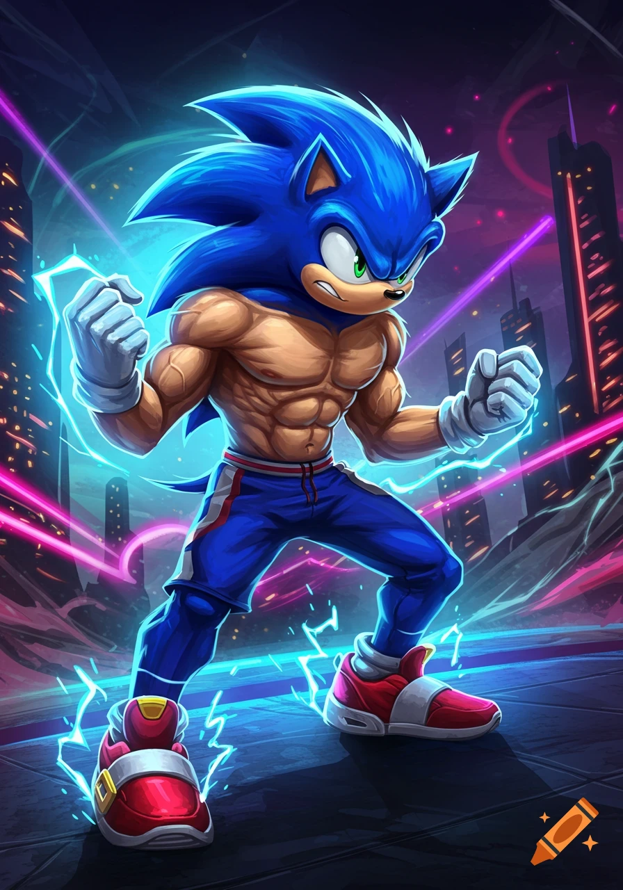 A muscular Sonic the Hedgehog stands powerfully in a futuristic city with glowing neon lights.