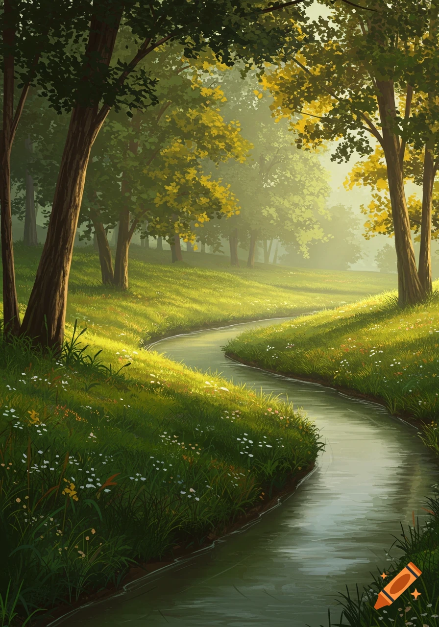 A winding creek flows through a lush, sun-dappled green forest with tall trees and grassy banks in a vibrant, illustrative style.