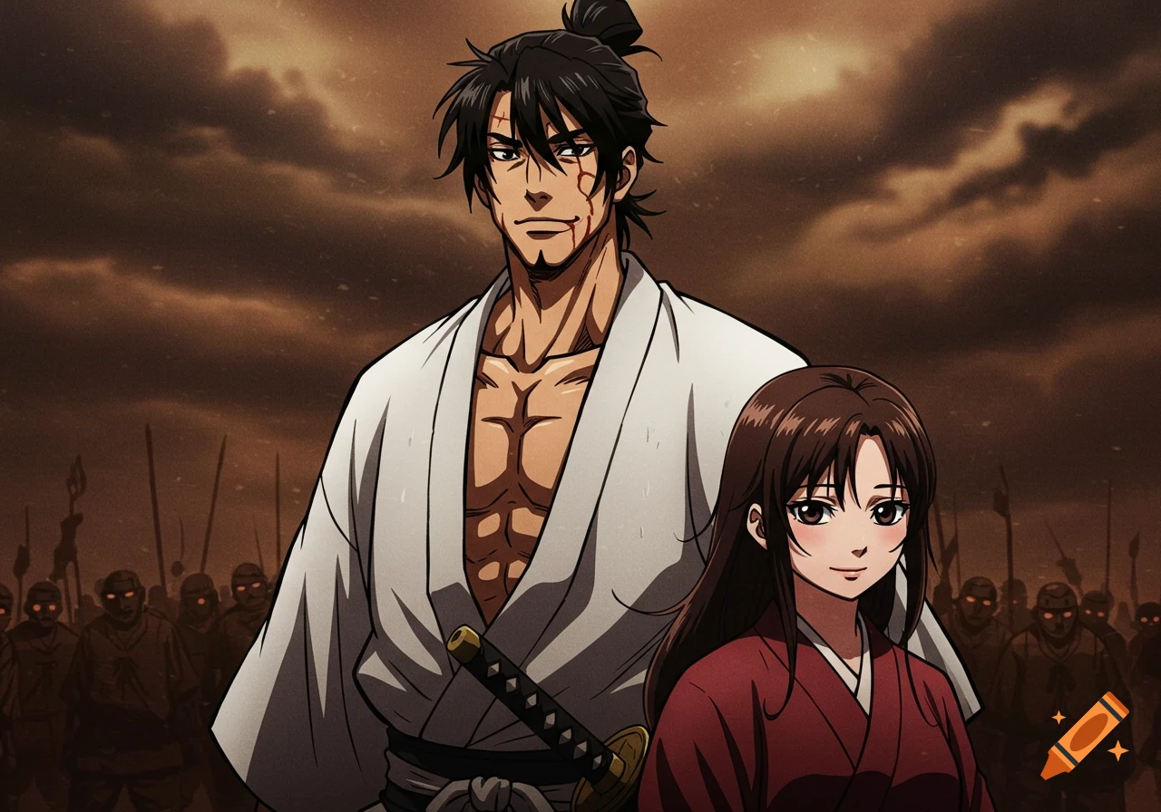 An anime man in a white kimono with a katana and a woman in a red kimono stand before a shadowy crowd under a stormy sky in a gritty style.