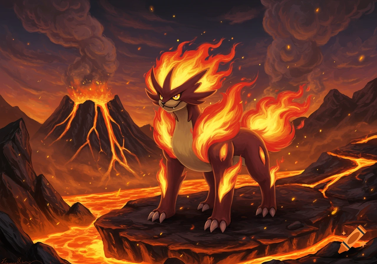 A fire-maned creature resembling a Pokemon stands on a rock in a dramatic volcanic landscape with lava and erupting volcanoes.