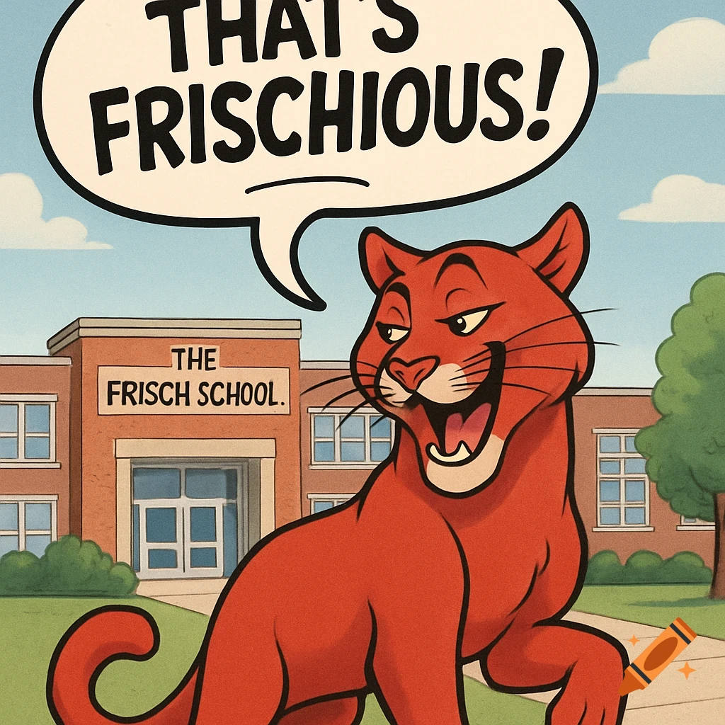 A smiling red cartoon cougar with a speech bubble saying 'THAT'S FRISCHIOUS!' in front of 'THE FRISCH SCHOOL' building.