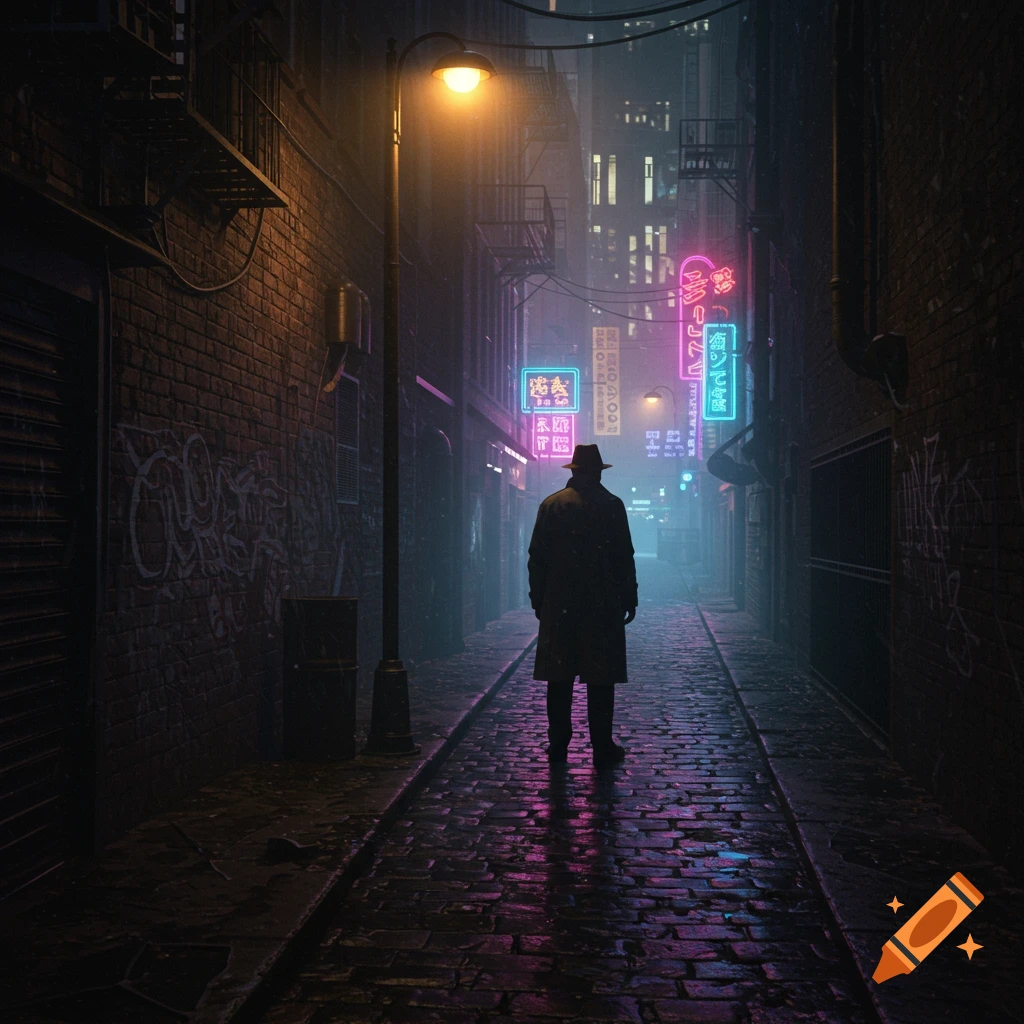 A man in a trench coat and fedora walks down a dark, misty city alley illuminated by neon signs and a streetlamp, in a moody, noir style.
