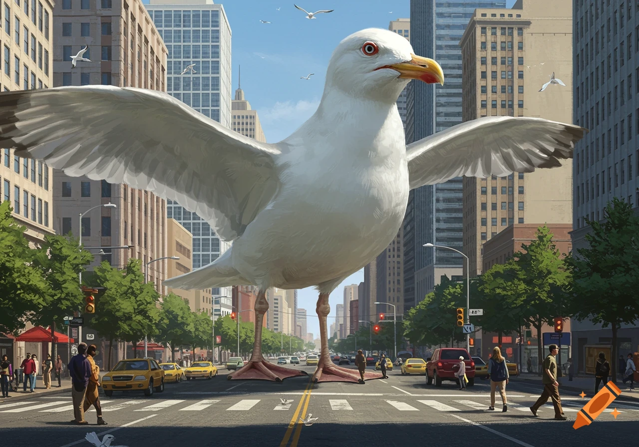 A photorealistic image of a gigantic seagull standing in a busy city intersection, towering over cars and people.