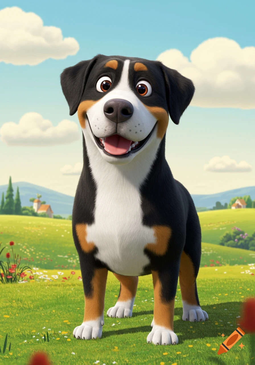 A smiling cartoon Greater Swiss Mountain Dog stands in a vibrant green field under a blue sky.