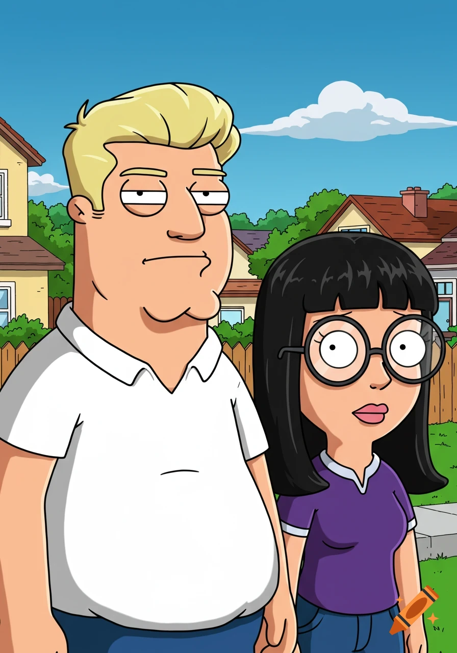A cartoon man with blonde hair and a woman with black hair and glasses stand in a Family Guy-style suburban neighborhood.