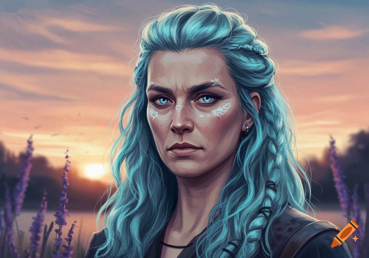 Digital painting of a woman with blue wavy hair, blue eyes, and white facial markings, standing in a lavender field at sunset.