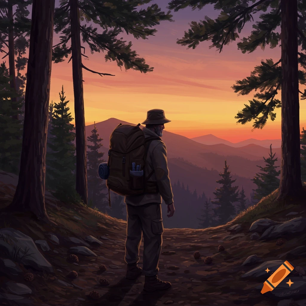 A man with a backpack and bucket hat stands on a forest path, looking at mountains at sunset in a digital painting.
