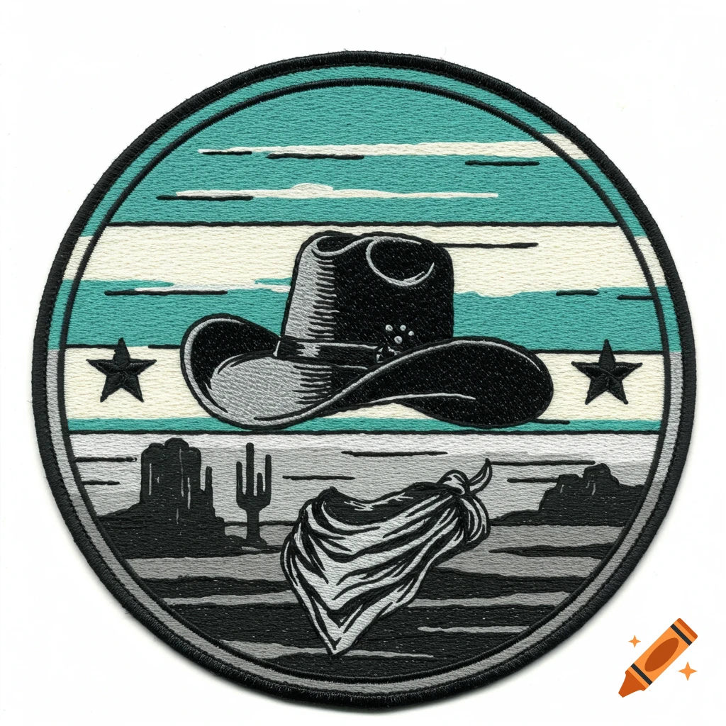 Circular embroidered patch with a black cowboy hat, white bandana, desert landscape, and stars, in teal, grey, black, and white.