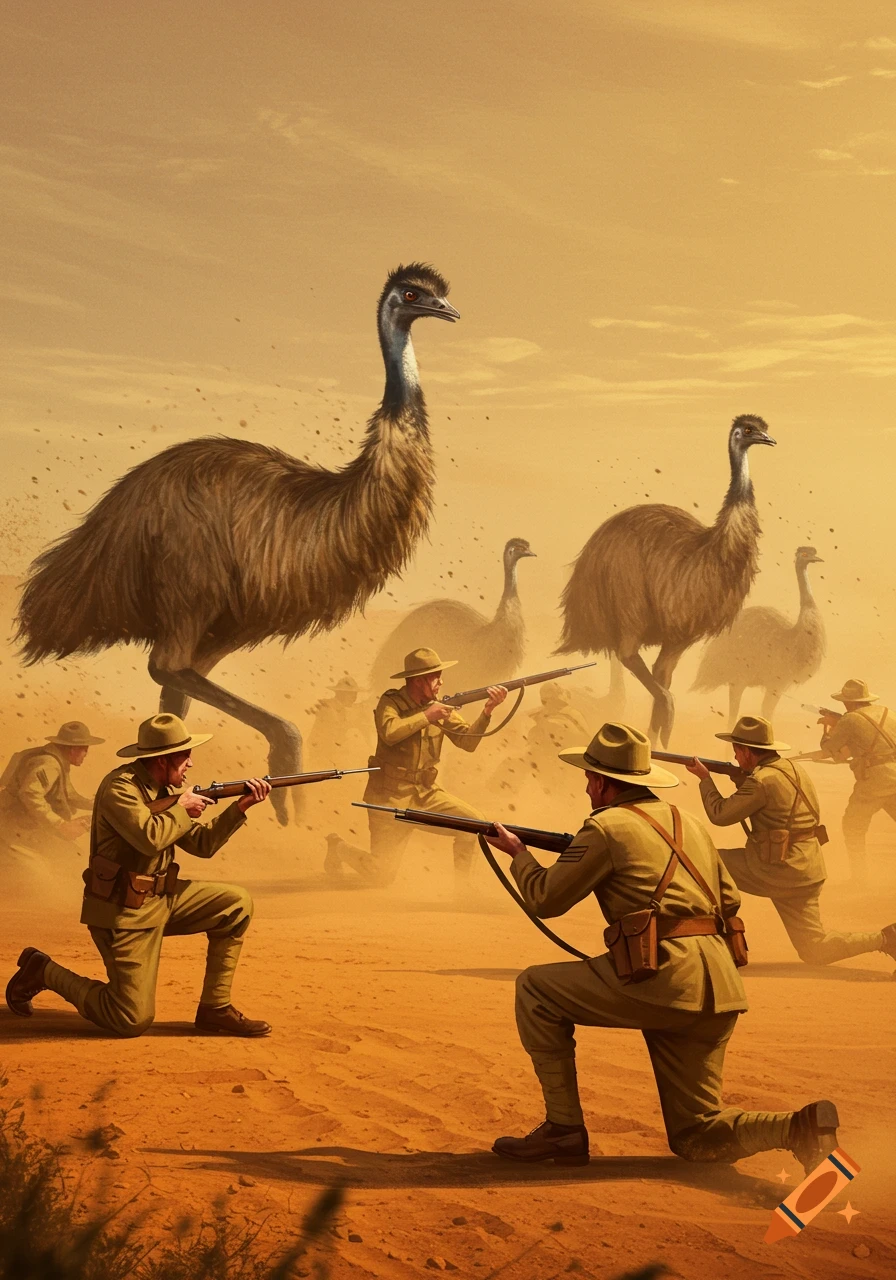Australian soldiers in a dusty desert landscape, kneeling and aiming rifles at a group of large emus.