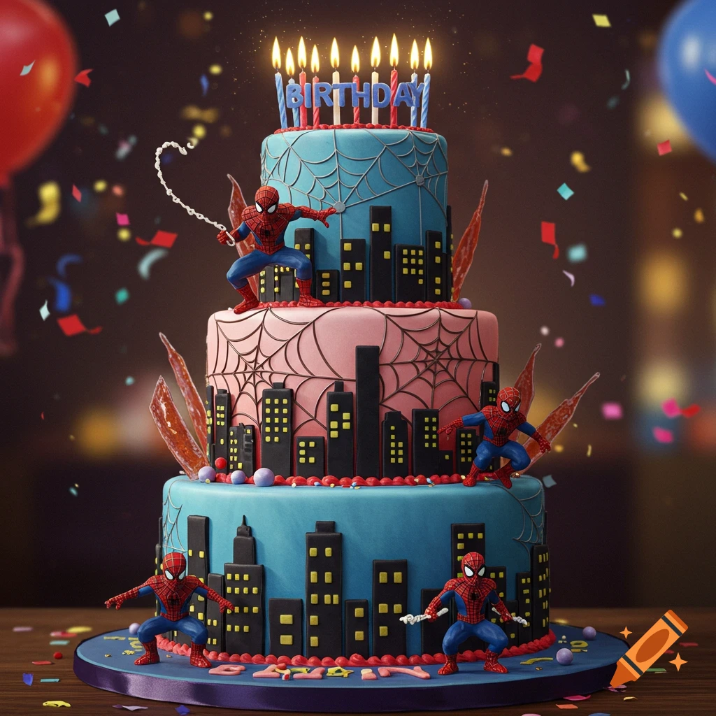 A three-tiered birthday cake decorated with blue and pink frosting, spiderwebs, black cityscape silhouettes, and Spiderman figures. Candles spell out 'BIRTHDAY' on top, with colorful confetti around it.