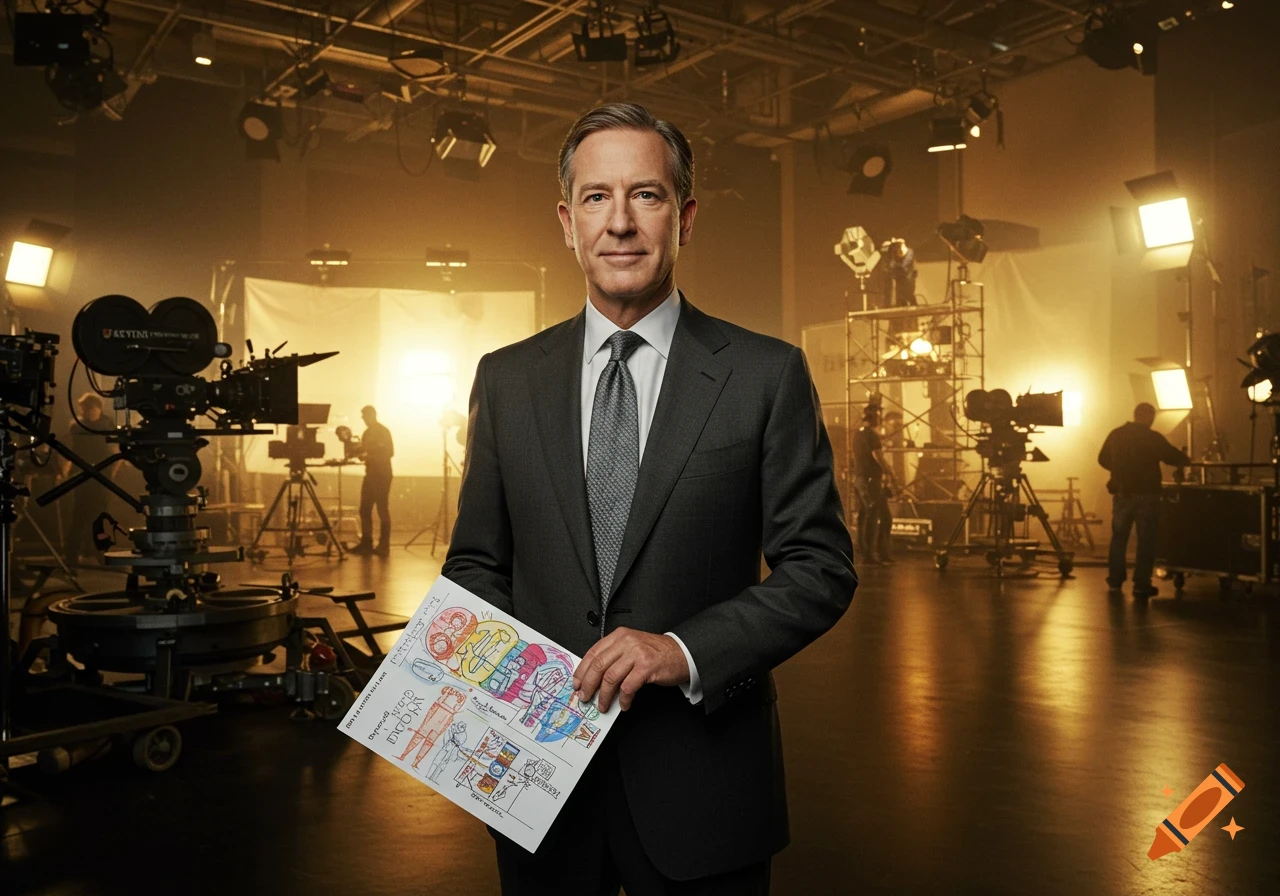 A man in a suit stands in a film studio holding a colorful drawing.