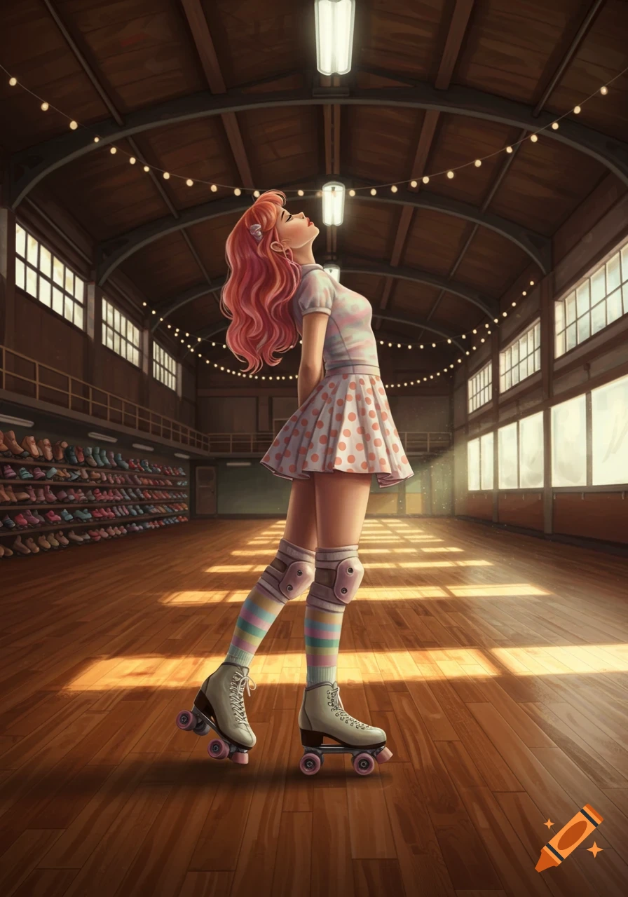 A young woman with pink hair on roller skates in a large wooden roller rink, looking up.