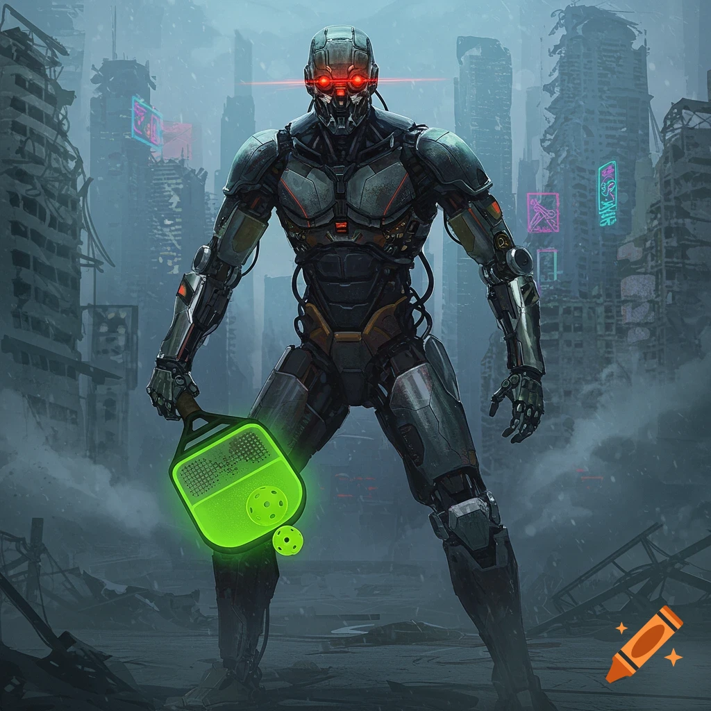 A cybernetic robot with glowing red eyes holds a neon green pickleball racket and balls in a destroyed, dystopian city landscape.