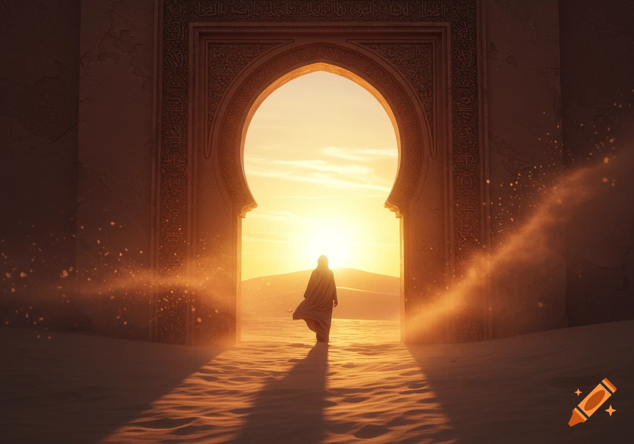 A silhouetted figure walks through an ornate desert archway towards a radiant sunset.