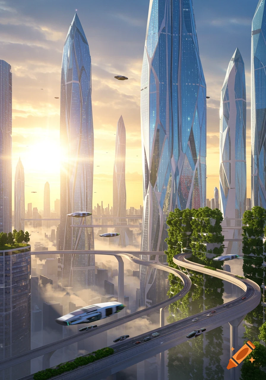 Photorealistic futuristic cityscape at sunrise with gleaming skyscrapers, elevated roads, and flying vehicles.