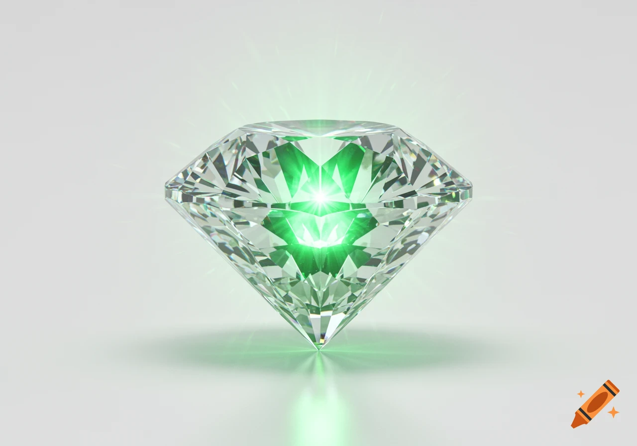 A photorealistic, brilliant-cut diamond gemstone stands on a white background, emitting a bright green light from its center with reflections.