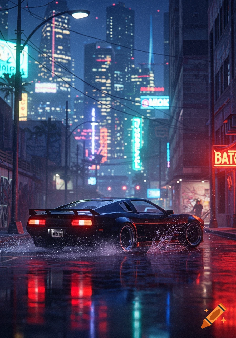 A black sports car drives on a wet city street at night, illuminated by neon lights and reflections from skyscrapers.