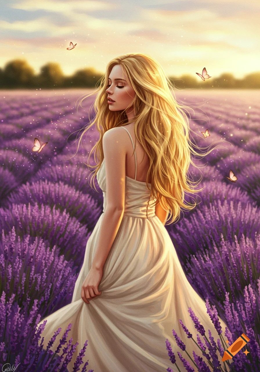 A blonde woman with long flowing hair in a white dress stands in a vibrant lavender field with butterflies at sunset, digital painting.