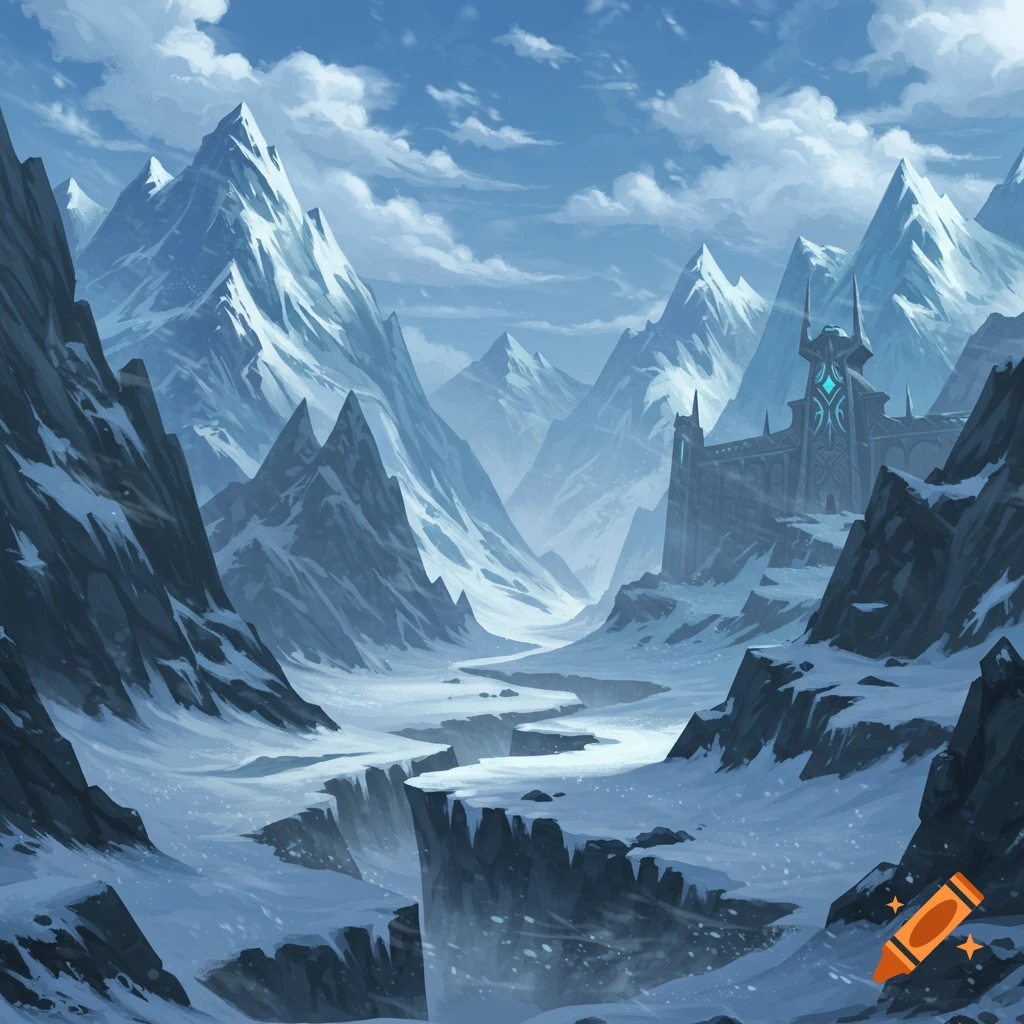 A vast, snowy mountain valley with a winding river and a dark, stylized fortress in the distance, in a World of Warcraft art style.