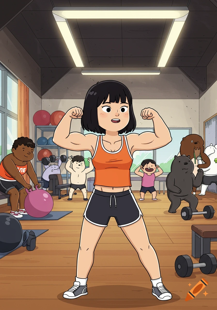 Chloe Park, a Korean girl, flexes her muscles in a college gym class, surrounded by We Bare Bears characters.